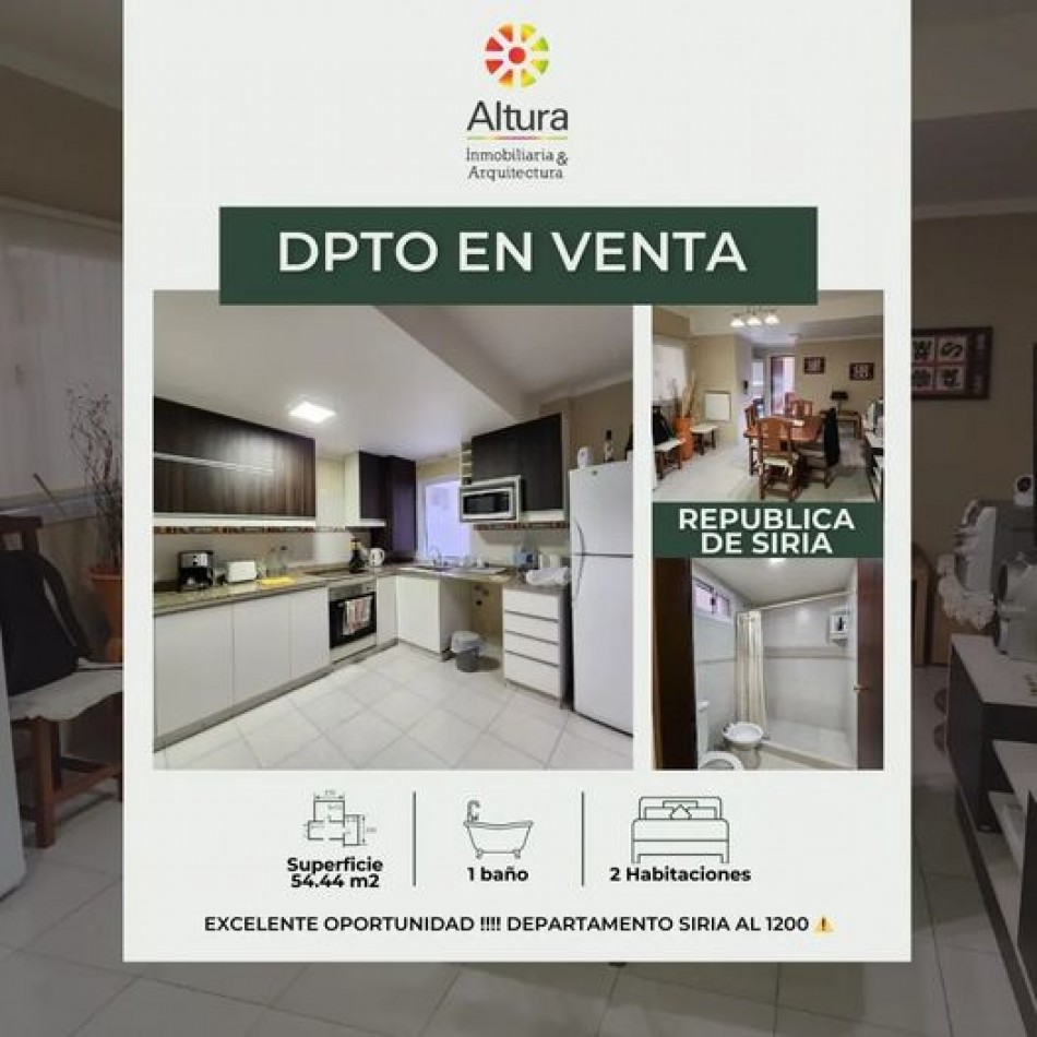 ♦️OPORTUNIDAD HERMOSO DPTO EN VENTA,  REPUBLICA SIRIA AL 1200♦️